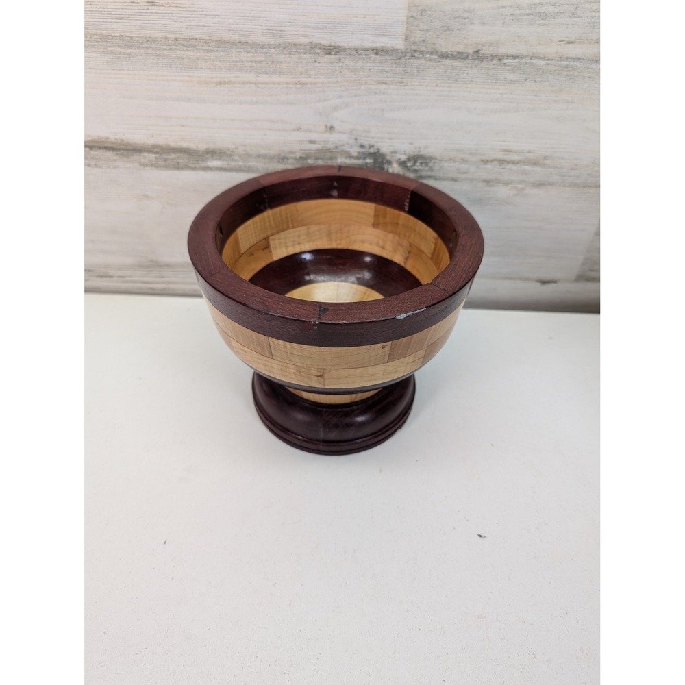 Handmade Segmented Wood Pedestal Bowl Maple Purpleheart 7.5" Wide 6" Tall Decora